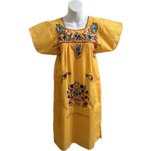 Yellow Embroidered Floral Mexican Dress 
Sz:S 100 % Cotton